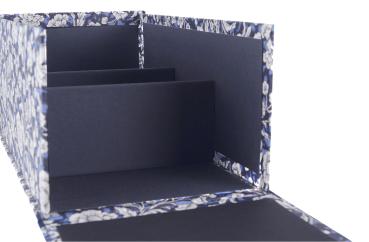 Open box with three compartments, high partitions, black inside, front can be opened completely